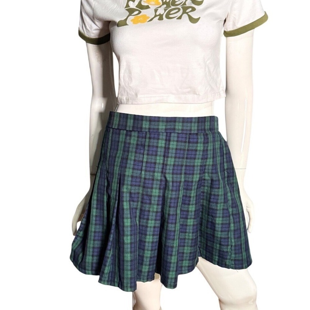 Streetwear Society Green Navy tartan Plaid Pleated tiered Mini Skirt L academia